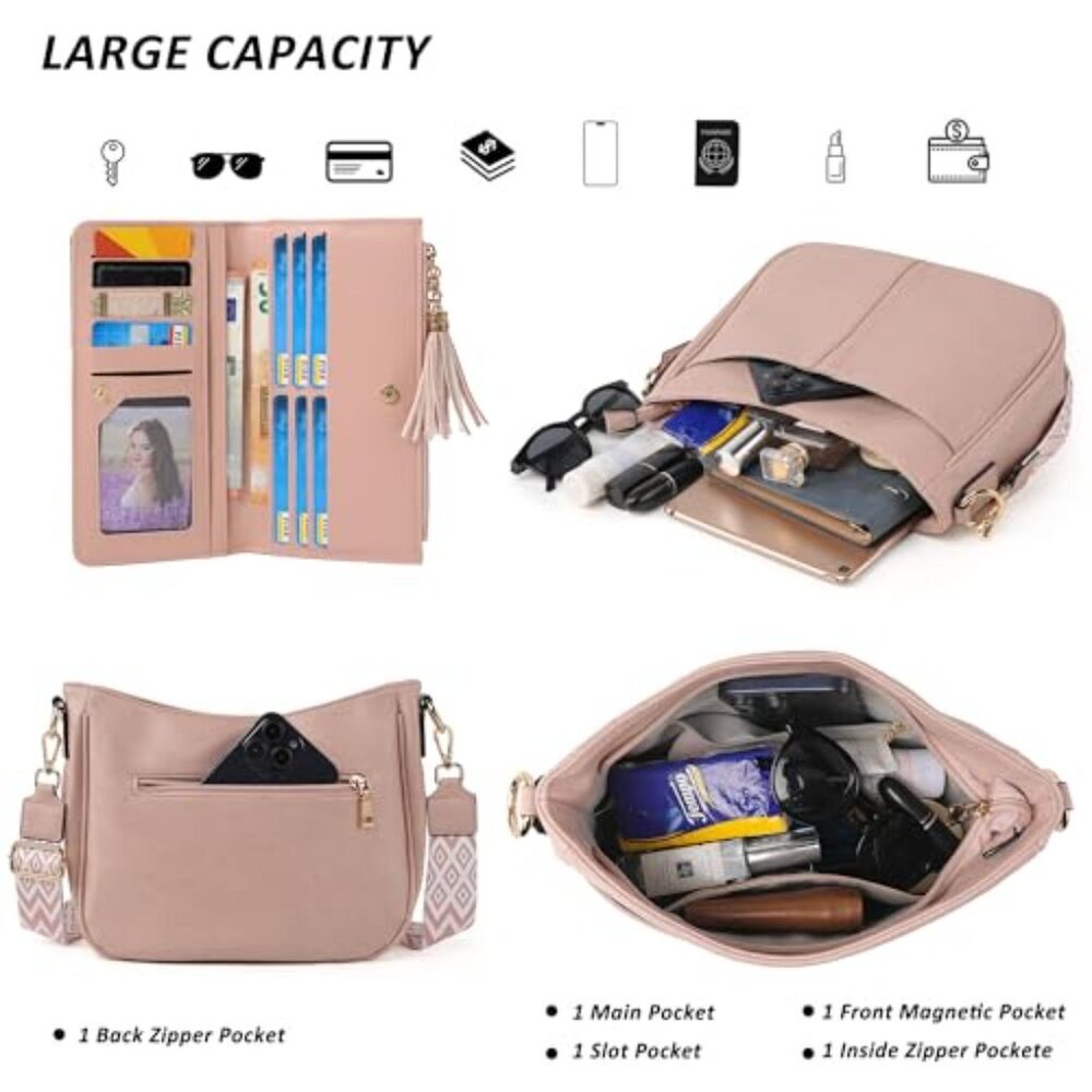 Vegan Leather Crossbody Bag & Wallet Set, Adjustable Strap, Multi-Pocket - Picture 6 of 8